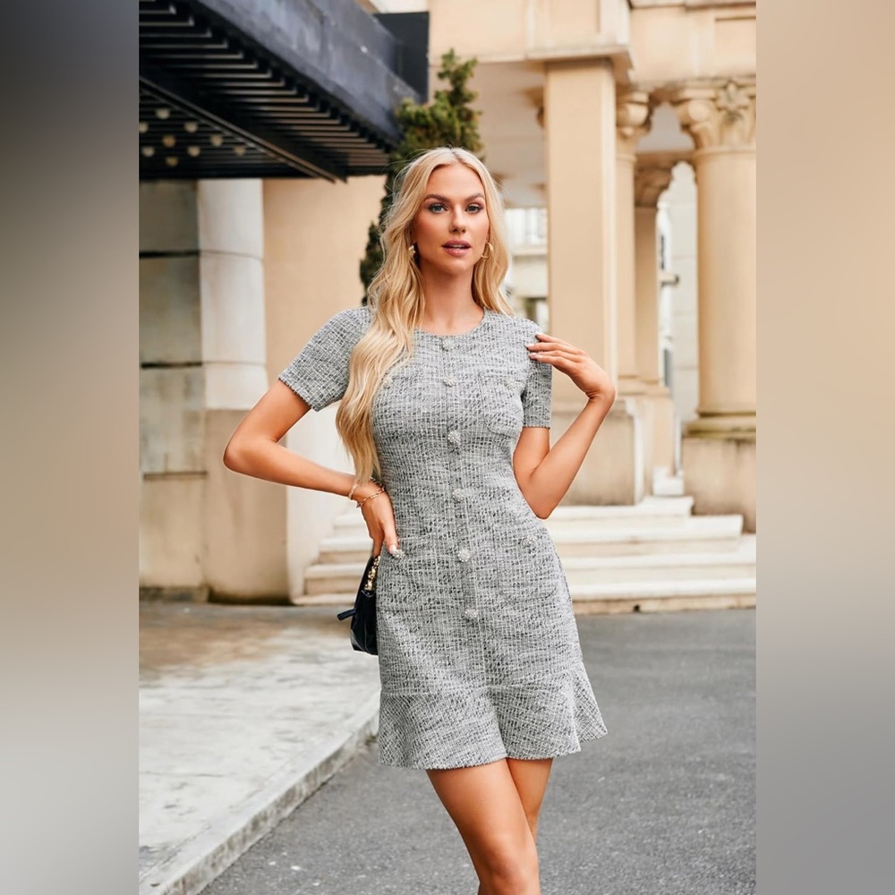 NWT Elegant Gray tweed jeweled buttons Short Sleeve Dress - Picture 4 of 11